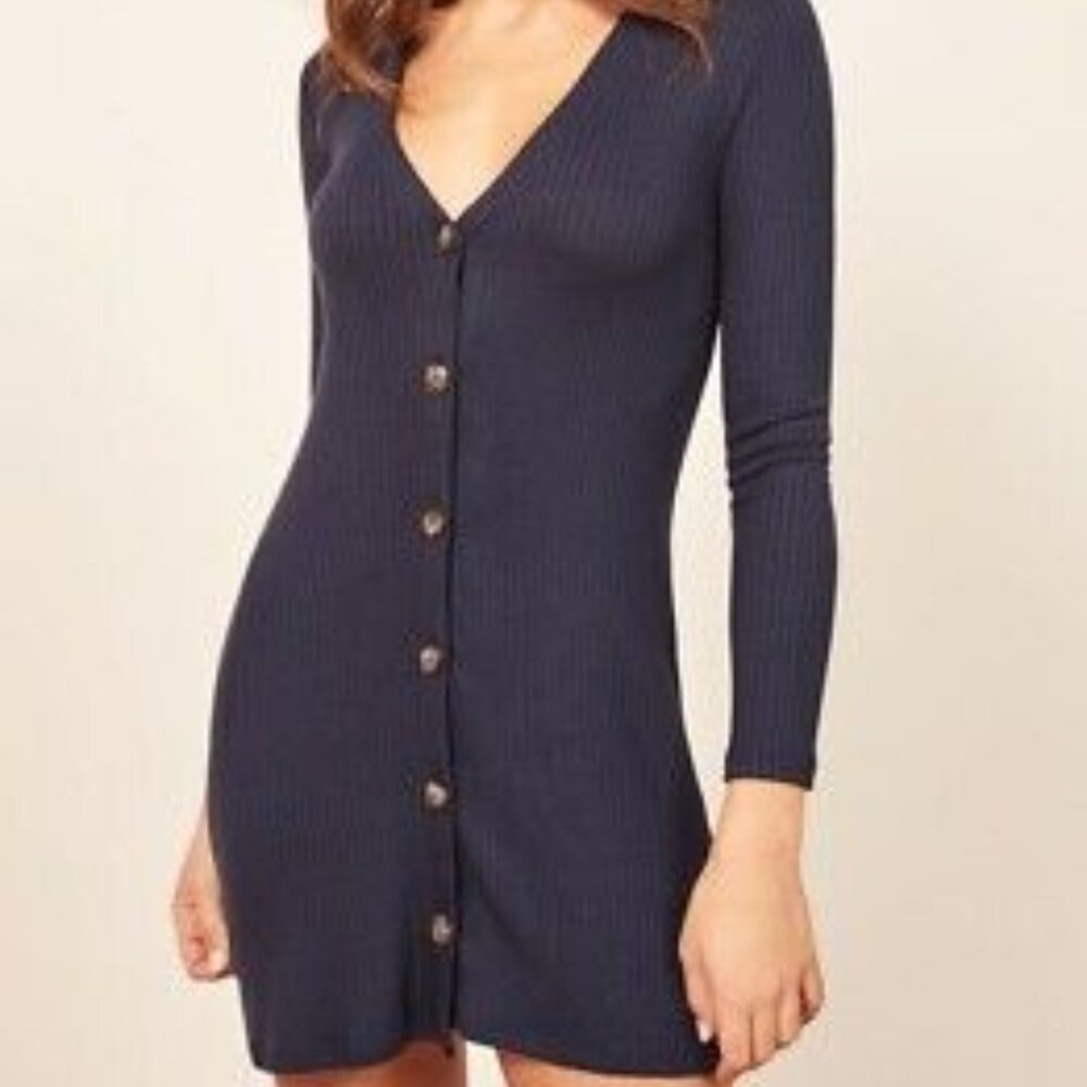 Reformation Navy Button-Down Mini Dress